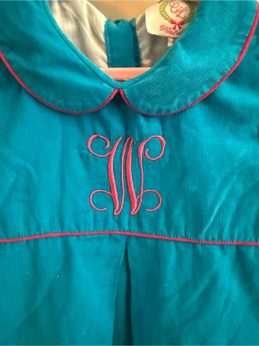 Bright Teal Girls Dress with Pink Piping and W Monogram